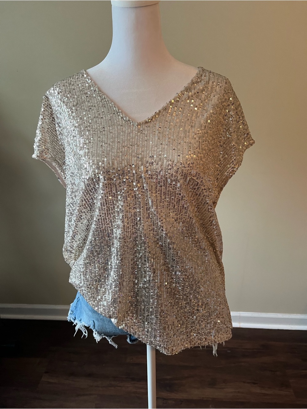 Sequin V-Neck Short Sleeve Top